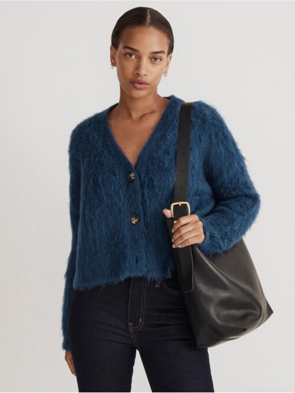 Madewell Cozy Deep Teal Fuzzy V-Neck Button Cardigan